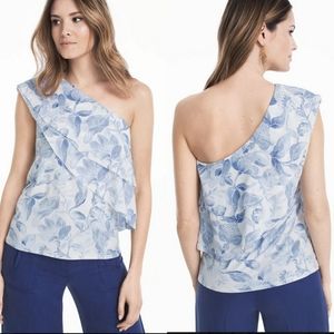 WHITE HOUSE BLACK MARKET One-Shoulder Blue & White Floral Top Summer Wom…